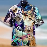 Voor heren Overhemd Hawaiiaans overhemd dier Kat Grafische prints Strijkijzer Wit blauw Licht Paars Paars Casual Hawaii Korte mouw Afdrukken Button-omlaag Kleding Tropisch Modieus Hawaii Zacht Lightinthebox