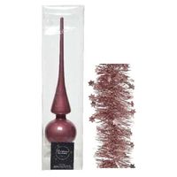 Kerstversiering glazen piek glans 26 cm en sterren folieslingers pakket oud roze van 3x stuks - thumbnail