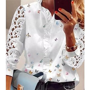 Dames Overhemd Kanten overhemd Blouse Oogje top Vlinder Ruche Netstof nappi Werk Casual Dagelijks Elegant Streetwear Casual Lange mouw V-hals Wit Lente Herfst Lightinthebox