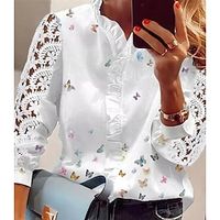 Dames Overhemd Kanten overhemd Blouse Oogje top Vlinder Ruche Netstof nappi Werk Casual Dagelijks Elegant Streetwear Casual Lange mouw V-hals Wit Lente Herfst Lightinthebox - thumbnail