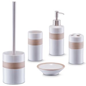 Badkamer accessoires set 5-delig - keramiek - wit/beige - strepen design