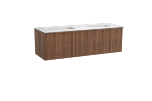 Balmani Forma zwevend badmeubel 150 x 55 cm amerikaans notenhout met Tablo Arcato dubbele wastafel in solid surface mat wit, Verticale asymmetrische ronde ribbel