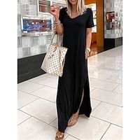 Dames Zwarte jurk Casual jurk T shirt jurk Lange jurk maxi-jurk Zak Splitsen Basic Casual Dagelijks V-hals Korte mouw Zomer Lente Zwart Wijn Effen Lightinthebox - thumbnail