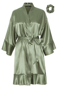 Satijnen kimono dames ruffle - olijfgroen