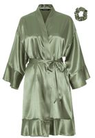 Satijnen kimono dames ruffle - olijfgroen - thumbnail