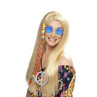 Dames Flower Power Hippie Sixties verkleed set pruik en bril en peace ketting