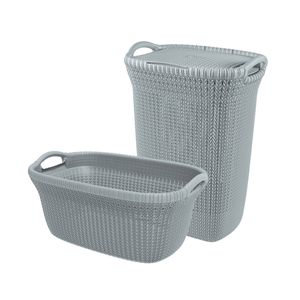 Curver Knit Wasmand met deksel 57L + Wasmand 40L - Blauw/Grijs