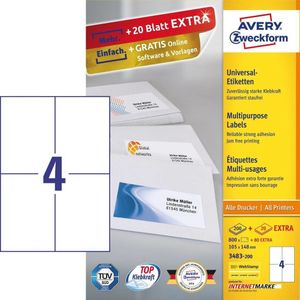 Avery-Zweckform 3483-200 Universele etiketten 105 x 148 mm Papier Wit 880 stuk(s) Permanent hechtend Inkjet, Laser (zwart/wit), Laser (kleur), Kopiëren