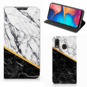 Samsung Galaxy A30 Standcase Marmer Wit Zwart - Origineel Cadeau Man