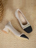 Elegant Imitation Pearls Arch Support Insole Breathable Square Toe Block Heel Pumps - thumbnail