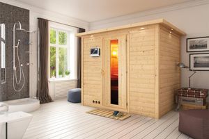 Karibu | Sonara Sauna met Dakkraag | Energiesparende Deur | Biokachel 9 kW Externe Bediening