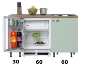 kitchenette 150cm groen met stelpoten en inbouw koelkast RAI-770