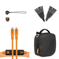 Tether Tools Starter Tethering Kit, Optima 10G USB-C - 15' (4,6 m) rechtstreeks naar recht, hoge zichtbaarheid, oranje, TetherGuard, TechManager tas en kabelbinders