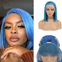 Echt haar 4x13 Sluiting Pruik Middelste stuk Gratis deel Braziliaans haar Recht Blauw Pruik 150% Haardichtheid met babyhaar lijmloze Pre-geplukt Voor Dames Kort Kanten pruiken van echt mensenhaar Lightinthebox