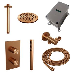 Regendoucheset Inbouw Brauer Copper Carving Thermostatisch 20 cm met 3-Weg Omstelling, Plafondarm en Staaf Handdouche Geborsteld Koper Brauer