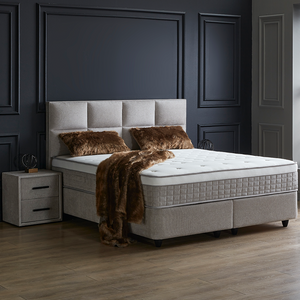 2-Persoons Boxspring Met Opbergruimte Ayana - Grijs & Beige 180x200 cm - Pocketvering - Inclusief Topper - Dekbed-Discounter.nl