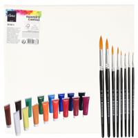 Complete hobby schilderijen maken verf set - 2x canvas schildersdoeken 30 x 30 cm - penselen - verf - thumbnail