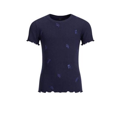 WE Fashion ribgebreid T-shirt met all over print en borduursels donkerblauw/blauw WE Fashion ribgebreid T-shirt met all over print en borduursels donkerblauw/blauw