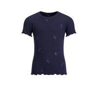 WE Fashion ribgebreid T-shirt met all over print en borduursels donkerblauw/blauw
