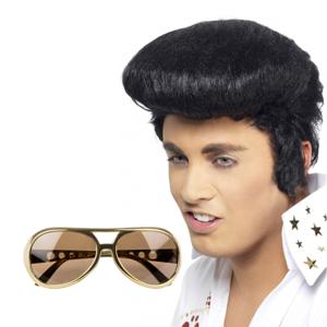 Rock and Roll ster Elvis verkleed set - herenpruik zwart met kuif - en bril goud montuur