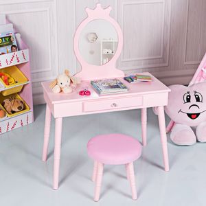 Kinderkaptafelset Kinderkaptafel Make-uptafel met Kruk en Verwijderbare Spiegel Make-up Kaptafel Roze