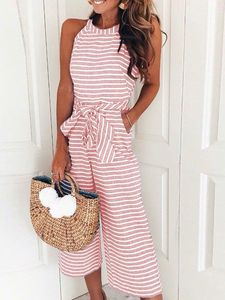 Striped Waist Belted Wide Leg Jumpsuit