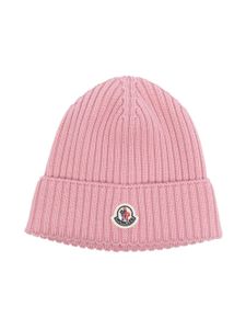 Moncler Enfant logo-appliqué ribbed beanie - Rose