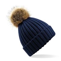 Gebreide winter muts navyblauw met nep bont pompon voor dames/he - thumbnail