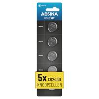 ABSINA® CR2430 Knoopcel, verpakking van 5 stuks, CR 2430 3V knoopcellen, lekvrij en lange houdbaarheid, knoopbatterij CR2430, batterij 2430, knoopcellen CR2430, batterijen CR2430, CR 2430 knoopcel