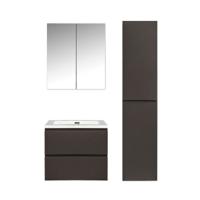 Badkamermeubel Set Callisto Diamond Hangend 60x50x48cm Mat Grijs Softclose Greeploos Mineraalmarmer Wastafel 1 Kraangat Overloop met Spiegelkast en Badkamerkast