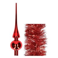 Kerstversiering glazen piek glans 26 cm en folieslingers pakket rood van 3x stuks - thumbnail