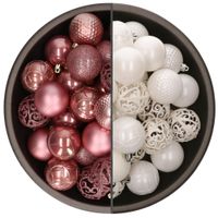 74x stuks kunststof kerstballen mix van wit en oudroze 6 cm