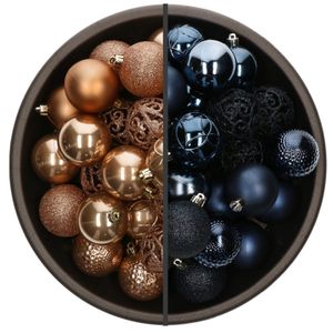 74x stuks kunststof kerstballen mix van donkerblauw en camel bruin 6 cm