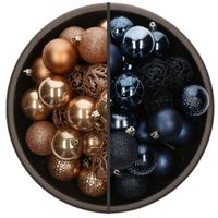 74x stuks kunststof kerstballen mix van donkerblauw en camel bruin 6 cm - thumbnail