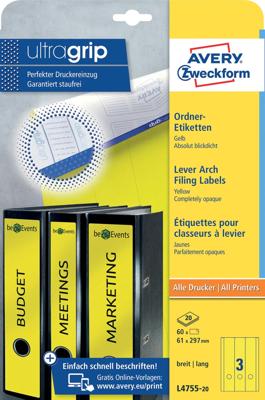 Avery Zweckform L4755-20 ordnerrugetiketten ft 29,7 x 6,1 cm (b x h), 60 etiketten, geel Avery Zweckform L4755-20 ordnerrugetiketten ft 29,7 x 6,1 cm (b x h), 60 etiketten, geel