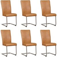 Set van 6 Cognac leren industriële eetkamerstoelen Dry - poot rond rvs - Granada leer Sahara (cognac leer)