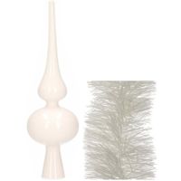 Kerstversiering glazen piek glans 26 cm en folieslingers pakket winter wit van 3x stuks