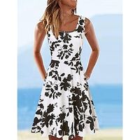 Dames strand jurk Resortkleding Strandkleding Halflange jurk Afdrukken Modieus leuke Style Bloemig Vierkante hals Mouwloos Normale pasvorm Buiten Dagelijks Zwart blauw 2023 Zomer Lente S M L XL Lightinthebox