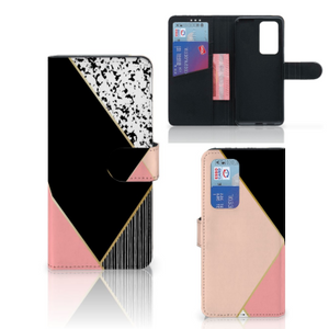 Huawei P40 Pro Book Case Zwart Roze Vormen