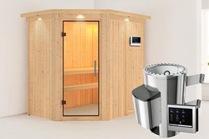 Karibu | Saja Sauna met Dakkraag | Helderglas Deur | Biokachel 3,6 kW Externe Bediening