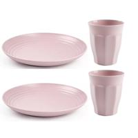 Servies van kunststof - 4x dinerborden en 4x drinkbekers - roze