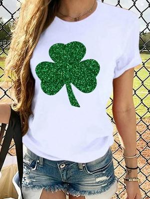 Women‘s St Patricks Day Irish Glitter Shamrock Cotton T-Shirt