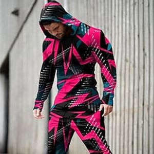 Voor heren Trainingspak Truien instellen Geel Lichtgroen Blozend Roze Paars Groen Capuchon Grafisch Geometrisch 2-stuks Afdrukken Sport Outdoor Casual Sport 3D-afdrukken Streetwear Sportkleding Lightinthebox