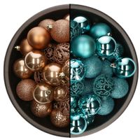 74x stuks kunststof kerstballen mix van camel bruin en turquoise blauw 6 cm - thumbnail