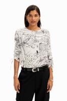 Blouse met verstelbare mouwen en tekstopdruk. - WHITE - M - thumbnail