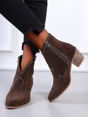Stylish Patchwork Chunky Heel Pointed Toe Zip Booties