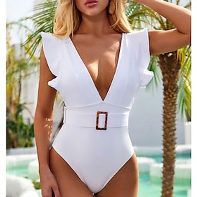 Dames Zwemkleding Een stukje Monokini Badpakken Normaal Zwempak Effen Kleur Blote rug Buikcontrole Ruche Wit Zwart Gewatteerd Badpakken Actief Modieus Sexy / M