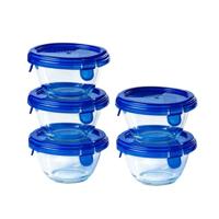 Pyrex® - Set van 5 ronde glazen met blauwe deksels, luchtdicht en waterdicht, 0,2 l, BPA-vrij