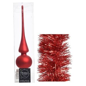 Kerstversiering glazen piek mat 26 cm en folieslingers pakket rood van 3x stuks