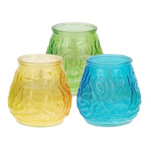 Windlicht geurkaars - 3x - geel/blauw/groen glas - 48 branduren - citrusgeur